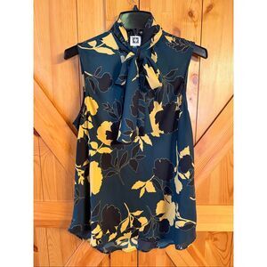 Anne Klein Green Multicolor Treeline Sheer Sleeveless Blouse Size Large (7327)